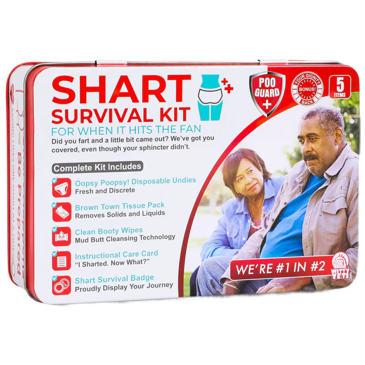 A discreet zippered pouch labeled Shart Kit, product photo on white